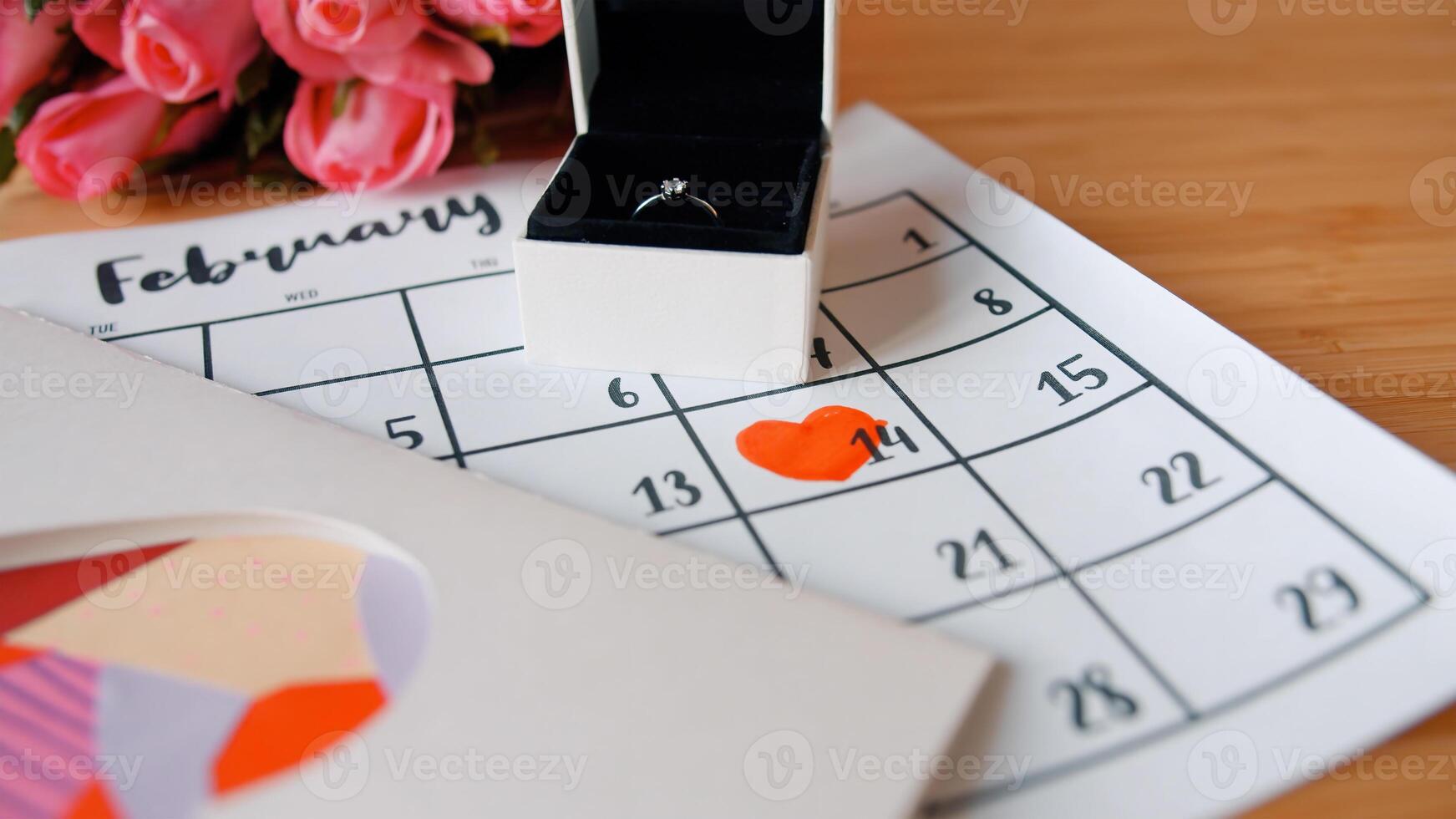 rose on the calendar with the date of February 14 Valentine's day - sweety effect picture style photo