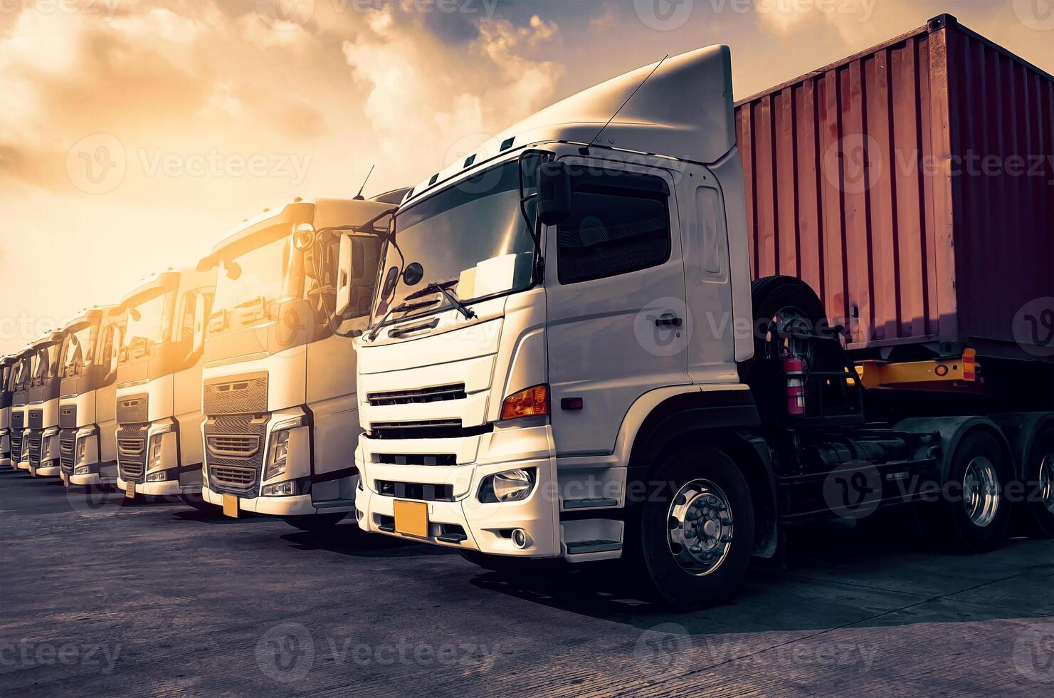 Row of Semi Trailer Trucks Parking at Sunset Sky. Industry Road Freight Truck. Logistics and Cargo Transport Concept.3d Rendering photo