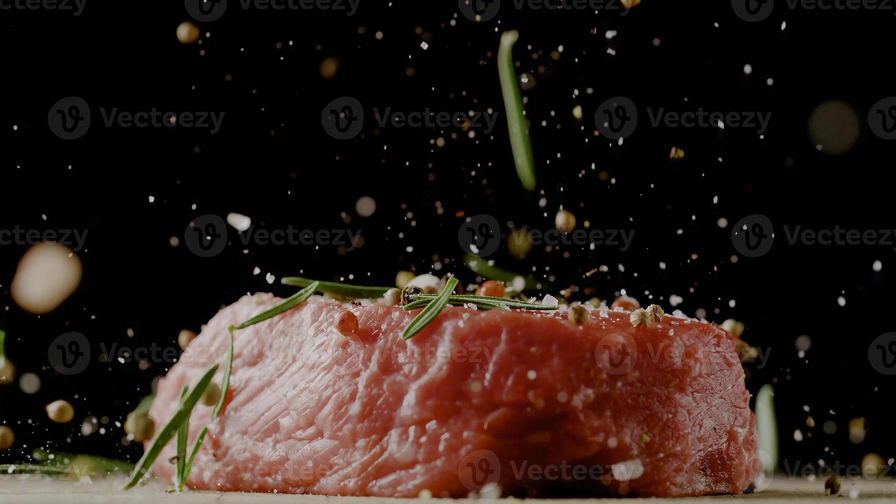 Close-up of falling salt and pepper on raw beef steaks on table, freeze motion. photo