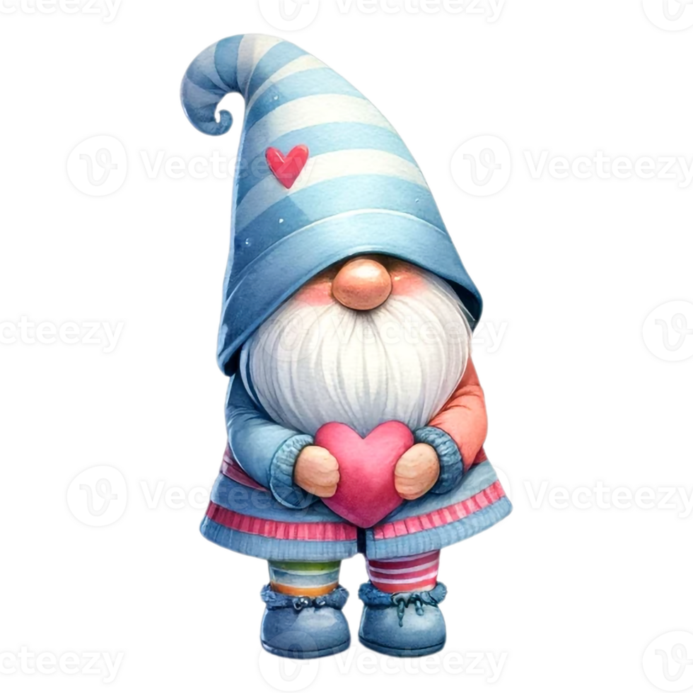 AI generated Cute whimsical gnome design elements valentine day watercolor on an On transparent background. png