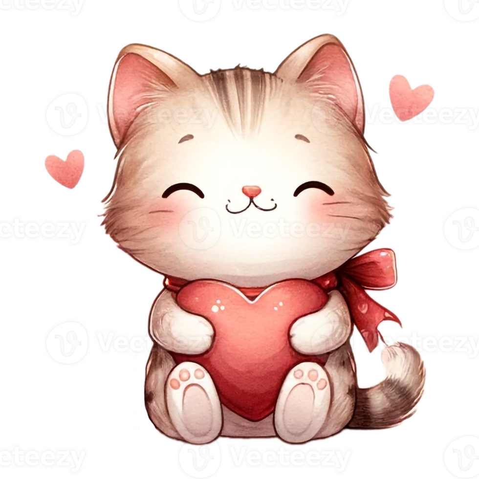 AI generated Cat love romantic valentine day. Clip art illustration watercolor Isolated On Transparent Background. png