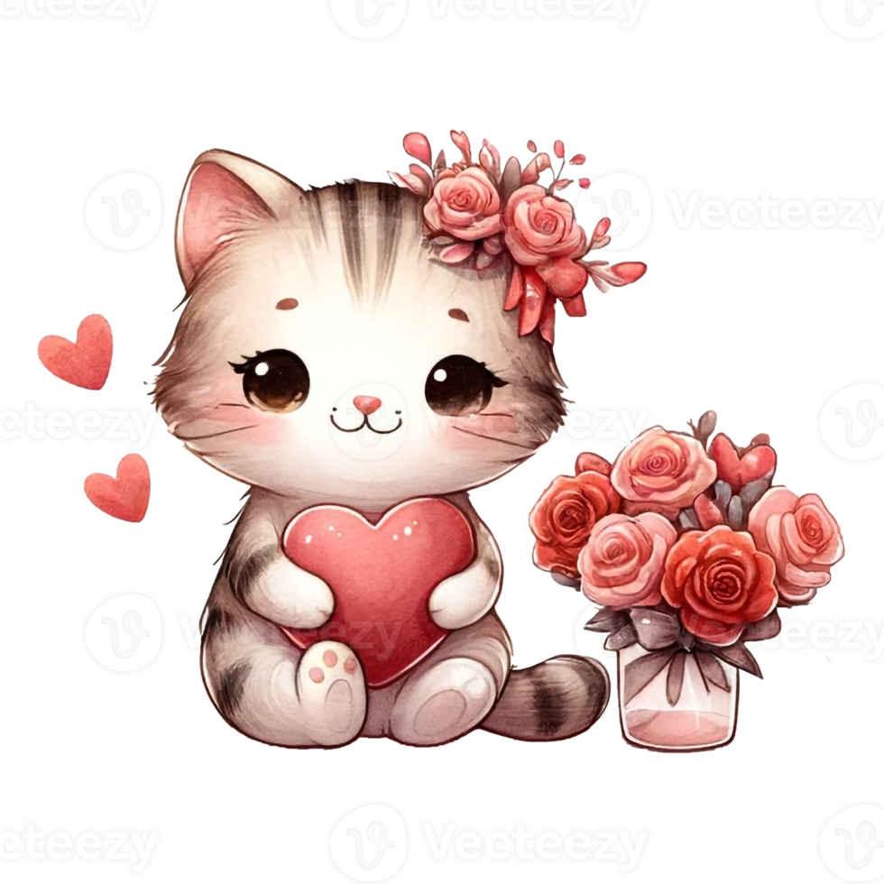 ai generiert Katze Liebe romantisch Valentinstag Tag. Clip Kunst Illustration Aquarell isoliert auf transparent Hintergrund. png