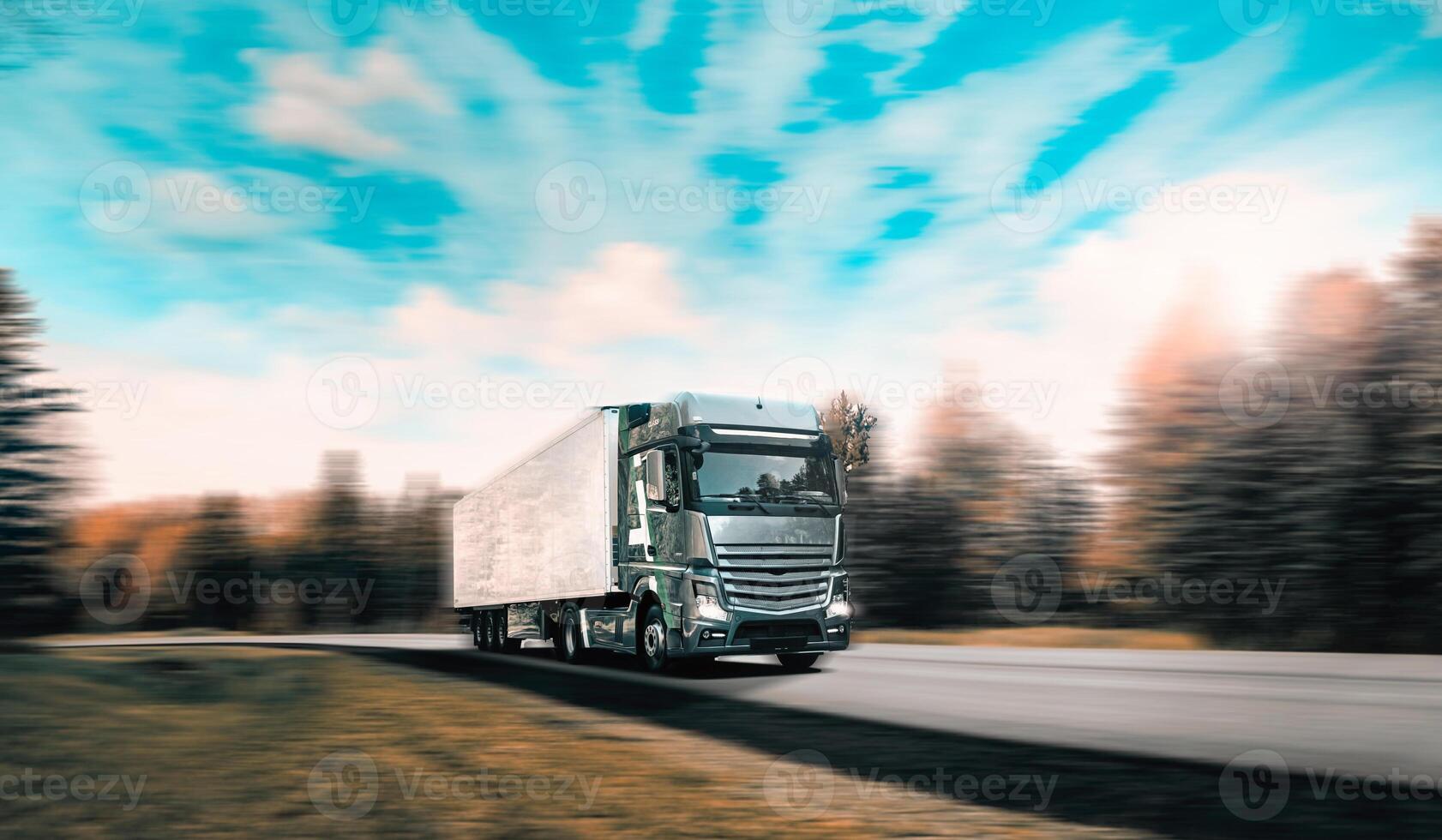 3D illustration of A White Truck Or Traction Unit In Motion On Road, Freeway. Asphalt Motorway Highway Against Background Of Mountains Landscape. Business Transportation And Trucking Industry photo