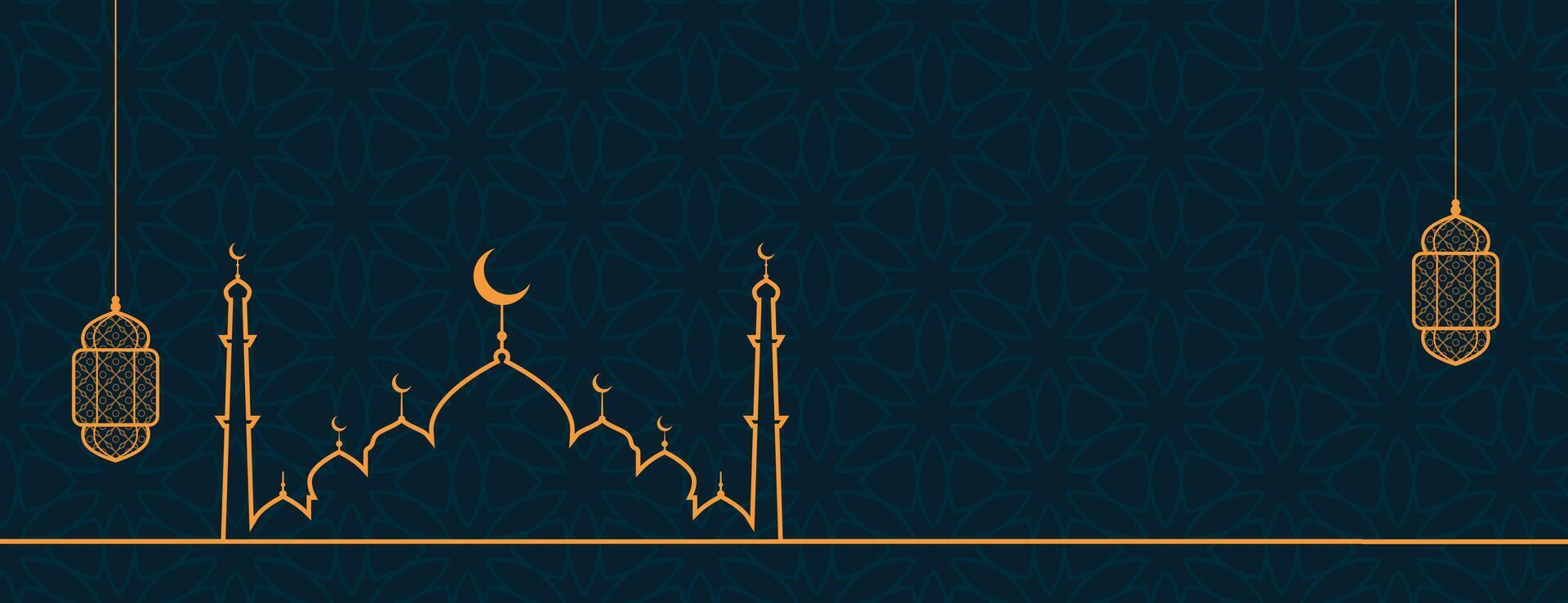 eid Mubarak mínimo bandera con línea estilo islámico mezquita diseño vector