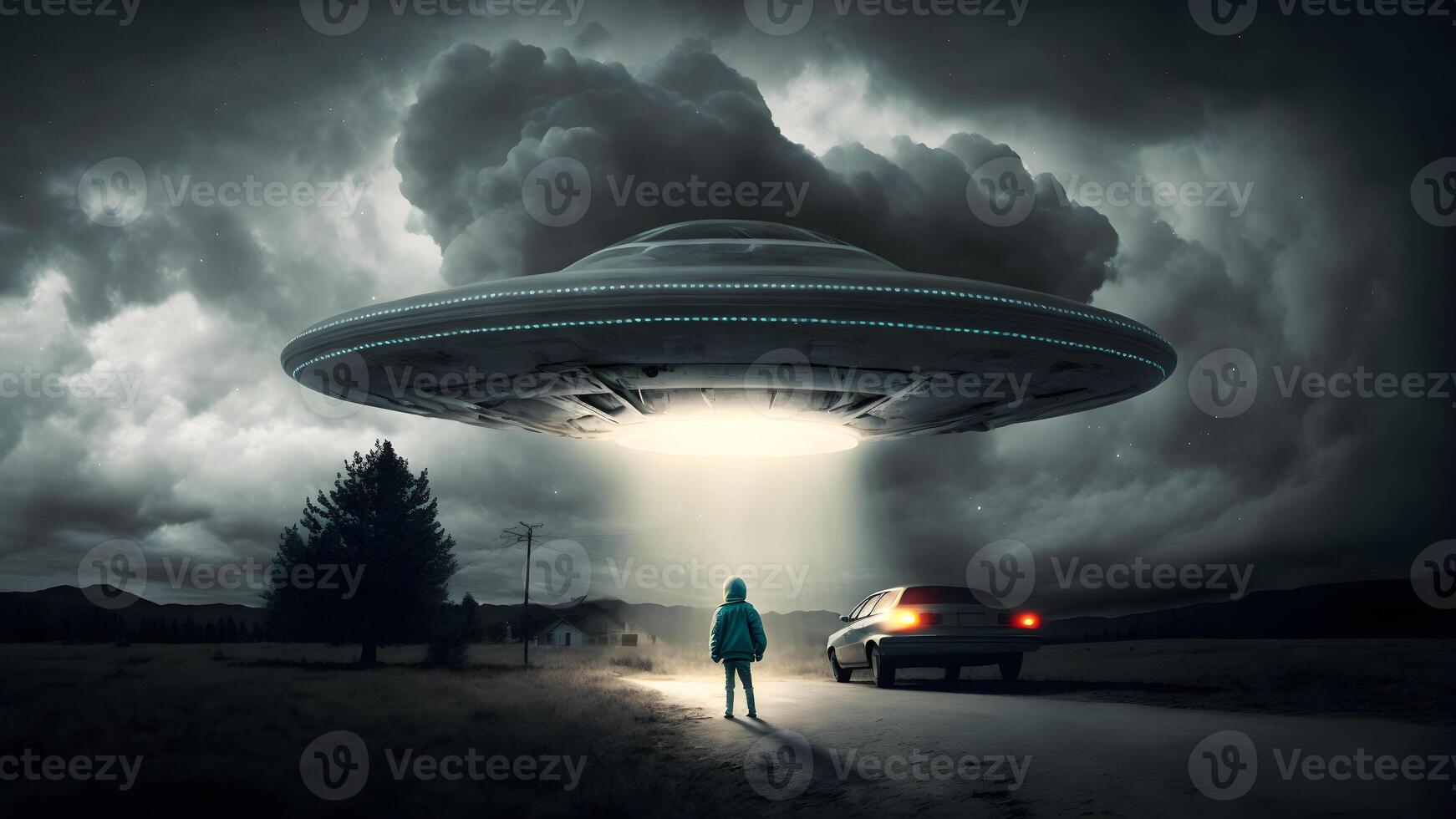 AI generated alien abduction concept, flying UFO saucer over toddler boy on the ground near car, neural network generated art photo