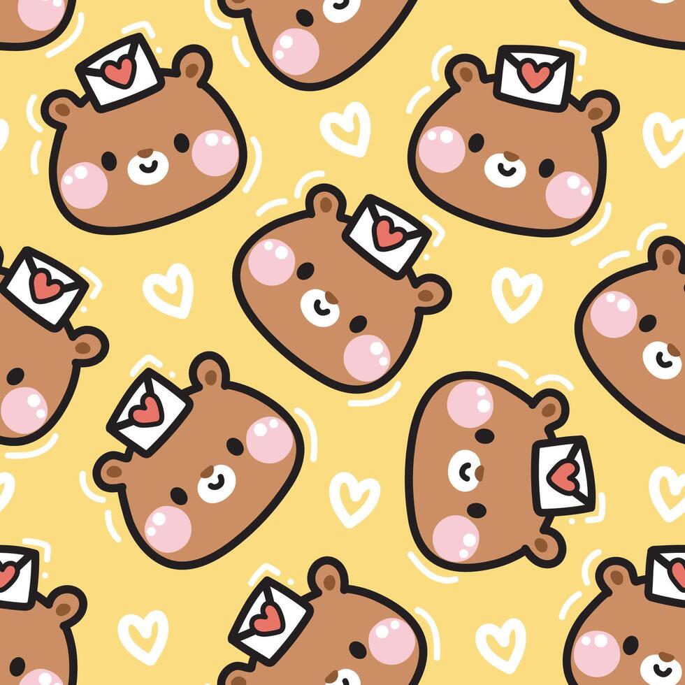 Valentines day.Seamless patern of cute face teddy bear with love mail on head background.Wild animal character cartoon design.Baby clothing print screen.Kawaii.Vector.Illustration. vector