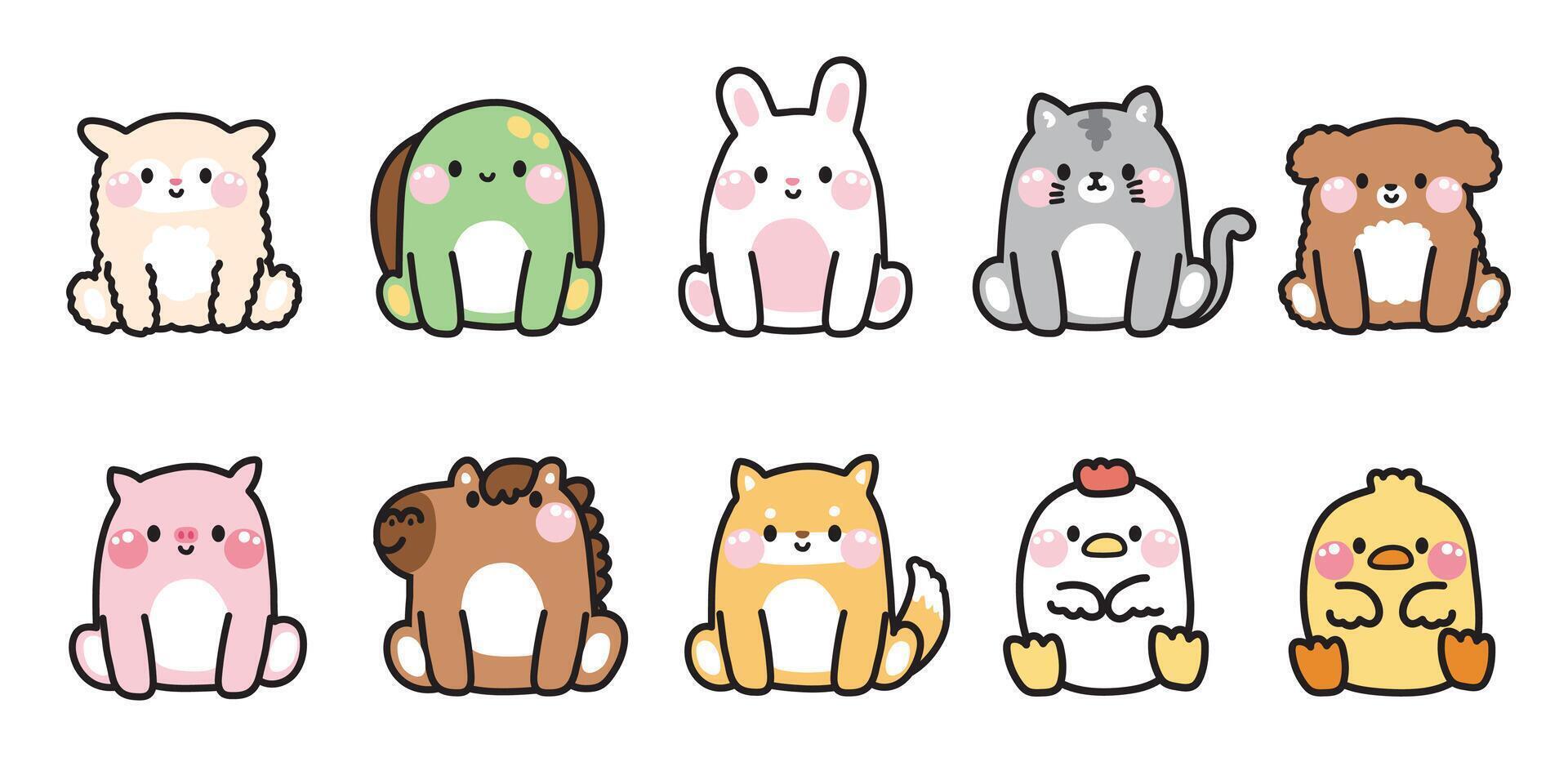 Set of cute animals sit poses.Pet and farm animal cartoon design.Sheep,turtle,rabbit,cat,dog,pig,horse,hen hand drawn.Kid graphic collection.Kawaii.Vector.Illustration. vector