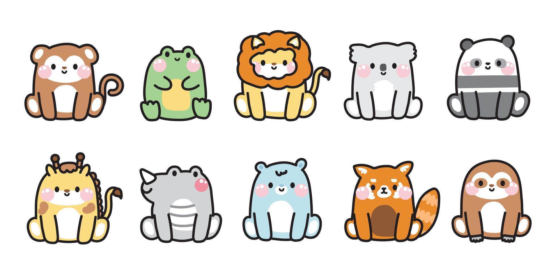 Set of cute animals sit poses.Wild and reptile animal cartoon design.Monkey,frog,lion,bear,giraffe,rhino,sloth hand drawn.Kid graphic collection.Kawaii.Vector.Illustration. vector