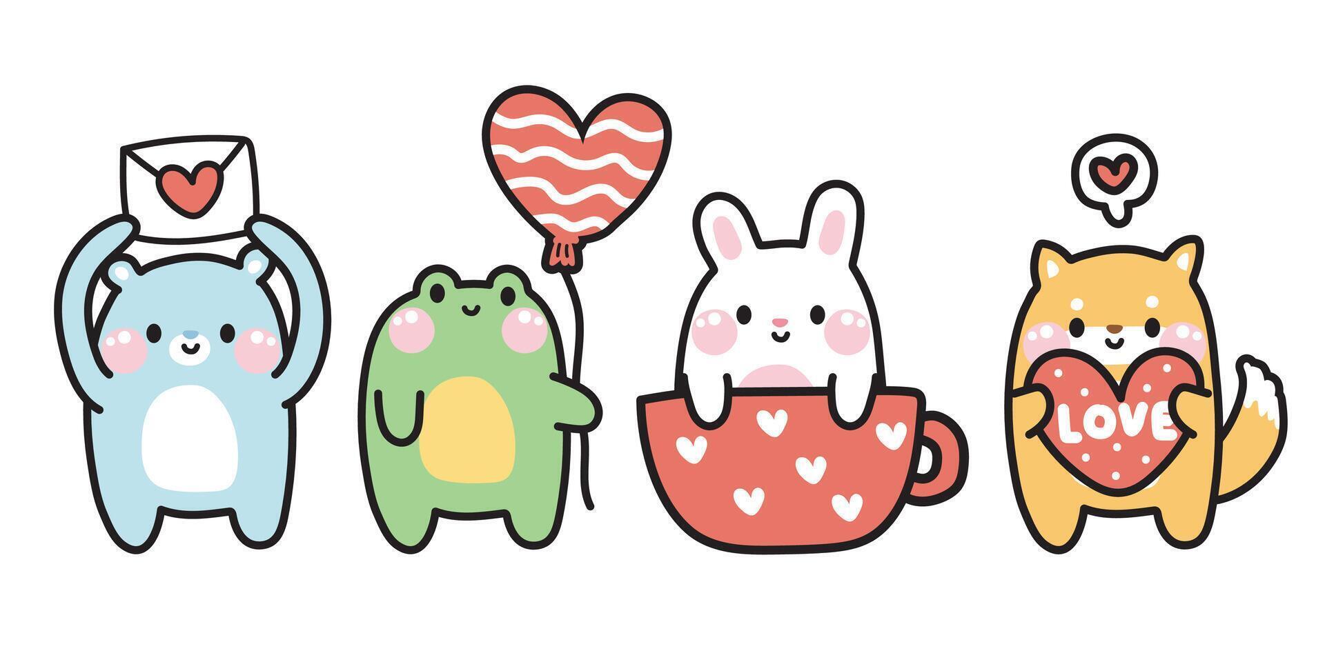 Valentines day.Set of cute animals with herat in various poses on white background.Polar bear,frog,rabbit,shiba inu dog hand drawn.Love.Kawaii.Vector.Illustration. vector