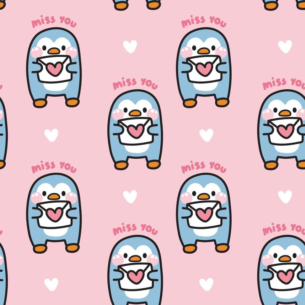 Seamless pattern of cute penguin hold love mail with heart on pink background.Bird animal character cartoon design.Valentines day.Heart.Kawaii.Vector.Illustration. vector