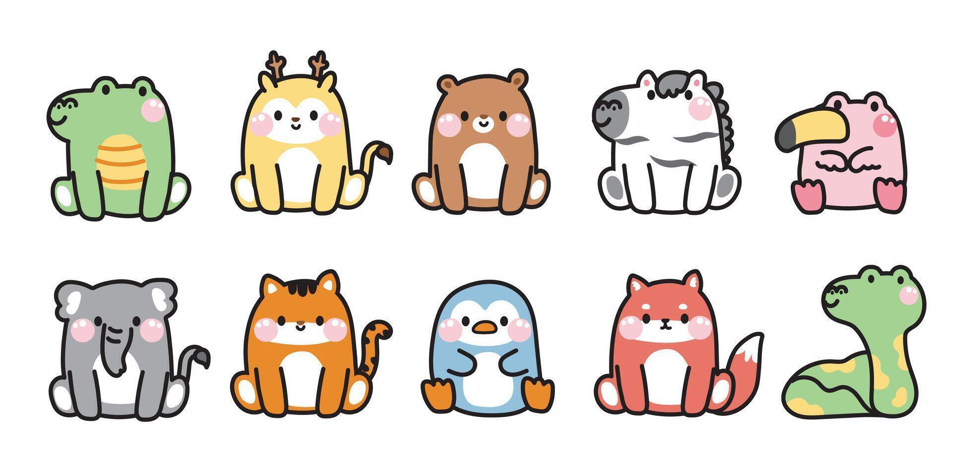 conjunto de linda animales sentar poses.salvaje pájaro y reptil animal dibujos animados diseño.cocodrilo,venado,oso,cebra,elefante,tigre,pingüino,zorro,serpiente mano niño.dibujado gráfico colección.kawaii.vector.ilustracion. vector