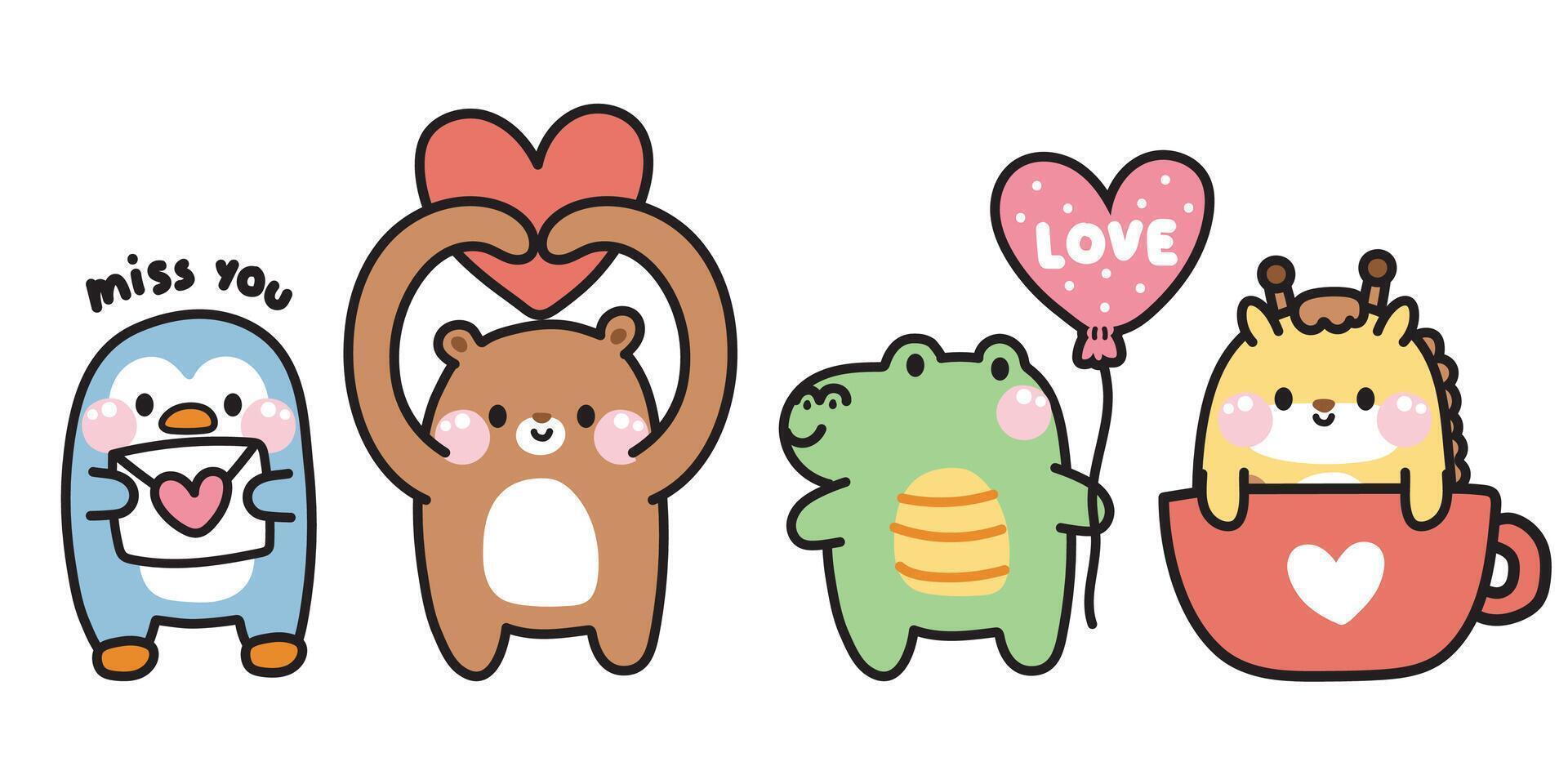 Valentines day.Set of cute animals with herat in various poses on white background.Penguin,teddy bear,crocodile,giraffe hand drawn.Love.Kawaii.Vector.Illustration. vector