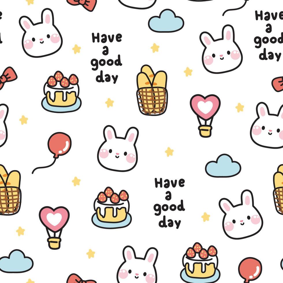 Seamless pattern of cute rabbit face with various tiny icon on white background.Bread,balloon,strawberry cake hand drawn.Rodent animal.Kawaii.Vector.Illustration. vector