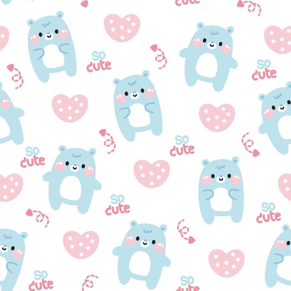Seamless pattern of cute polar bear with heart and so cute word in various poses on white background.Wild animal character cartoon design.Baby clothing.Valentines day.Teddy.Kawaii.Vector.illustration. vector
