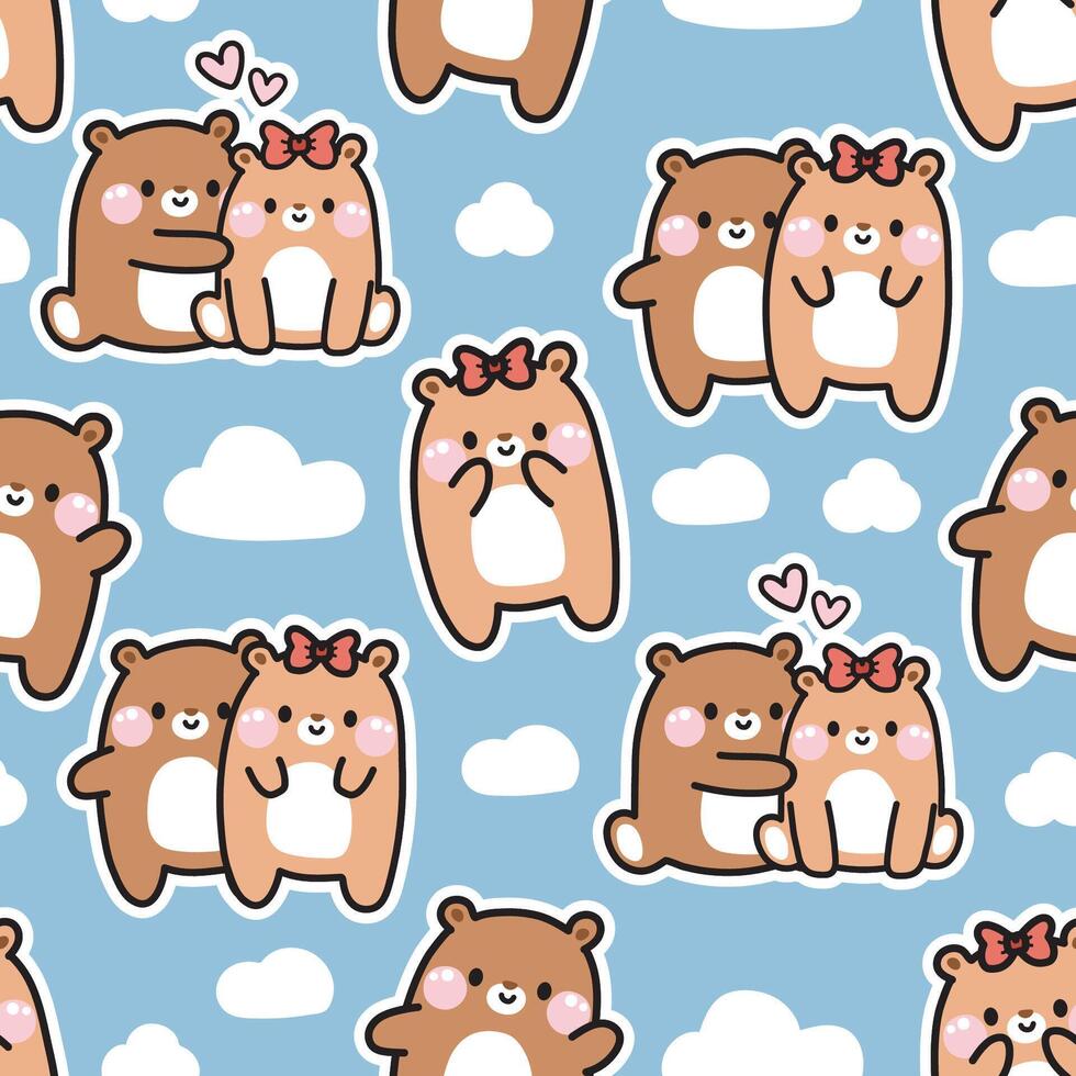 Seamless pattern of cute teddy bear couple in various poses with cloud on sky background.Wild animal character cartoon design.Love.Baby graphic.Valentines day.Kawaii.Vector.Illustration. vector