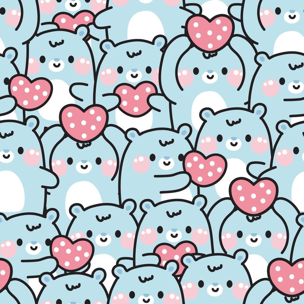 Repeat.Seamless pattern of cute polar bear with heart in various poses background.Wild animal character cartoon design.Baby clothing.Valentines day.Teddy hand drawn.Kawaii.Vector.illustration. vector