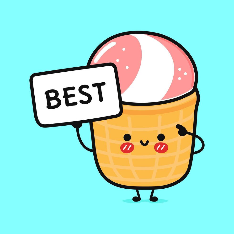 Cute Ice cream with poster best. Vector hand drawn cartoon kawaii character illustration icon. Isolated on blue background. Ice cream think concept