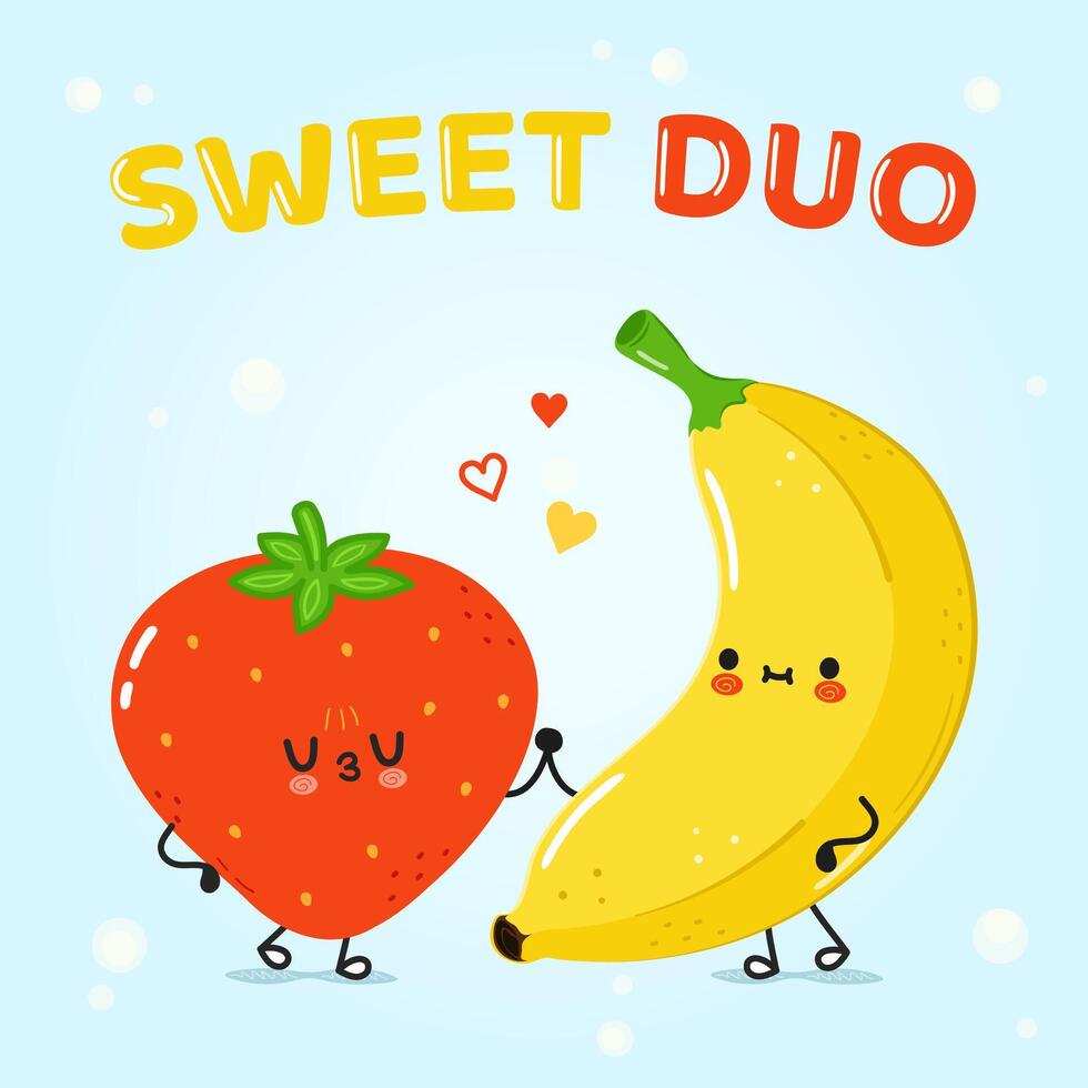 Banana and Strawberry card. Vector hand drawn doodle style cartoon character illustration icon design. Happy Banana and  Strawberry friends concept card