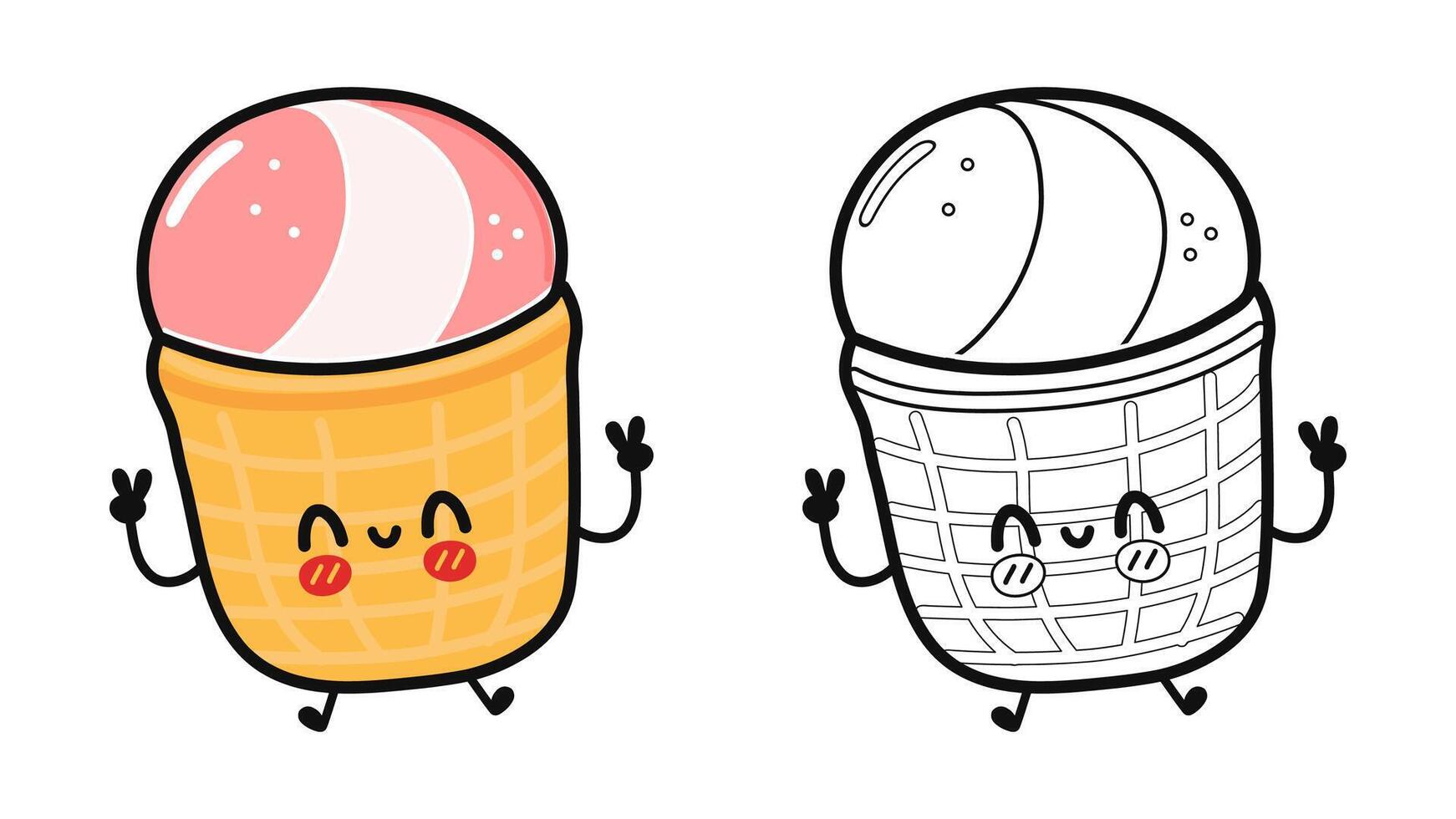 Funny cute happy Ice cream characters bundle set. Vector hand drawn cartoon kawaii character illustration icon. Cute Ice cream. Outline cartoon illustration for coloring book