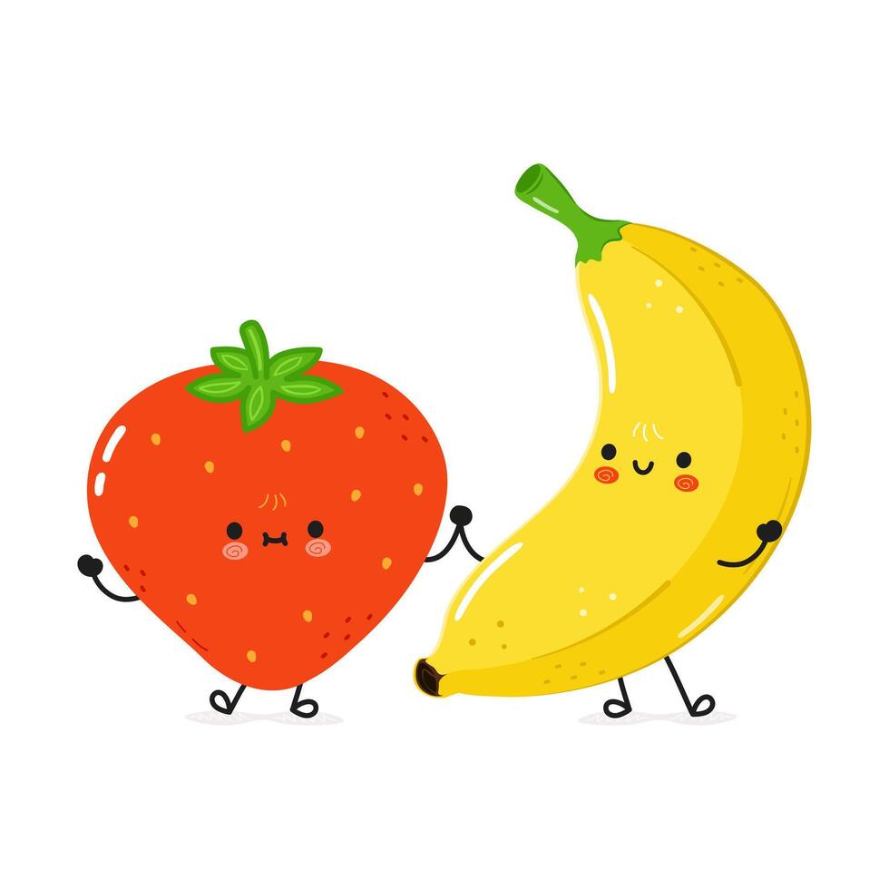 plátano y fresa tarjeta. vector mano dibujado garabatear estilo dibujos animados personaje ilustración icono diseño. contento plátano y fresa amigos concepto tarjeta