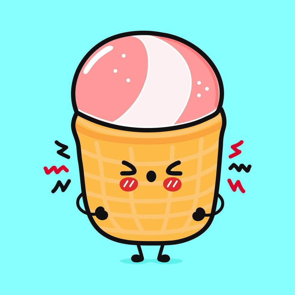 Angry Ice cream character. Vector hand drawn cartoon kawaii character illustration icon. Isolated on blue background. Sad Ice cream character concept