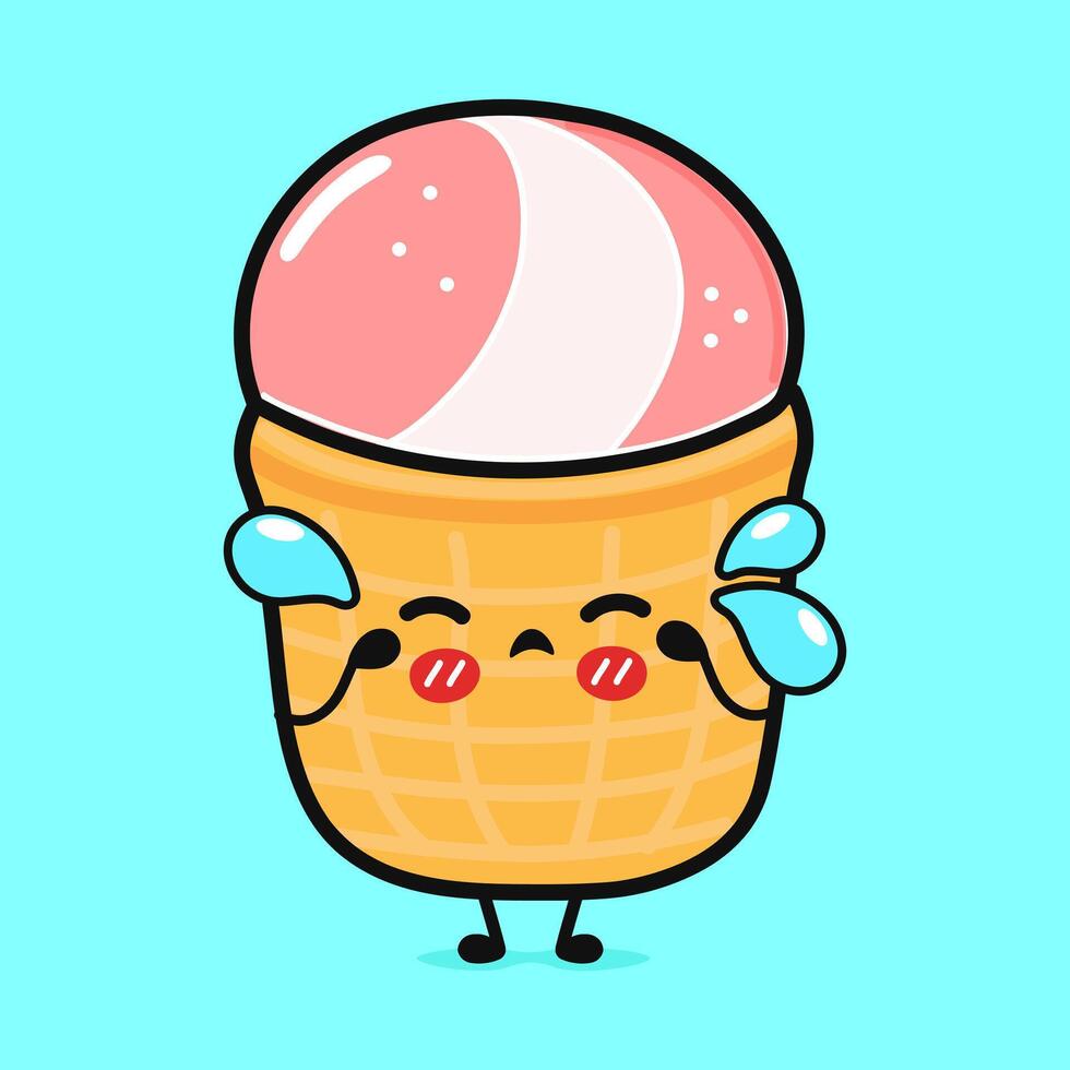 Crying Ice cream character. Vector hand drawn cartoon kawaii character illustration icon. Isolated on blue background. Sad Ice cream character concept