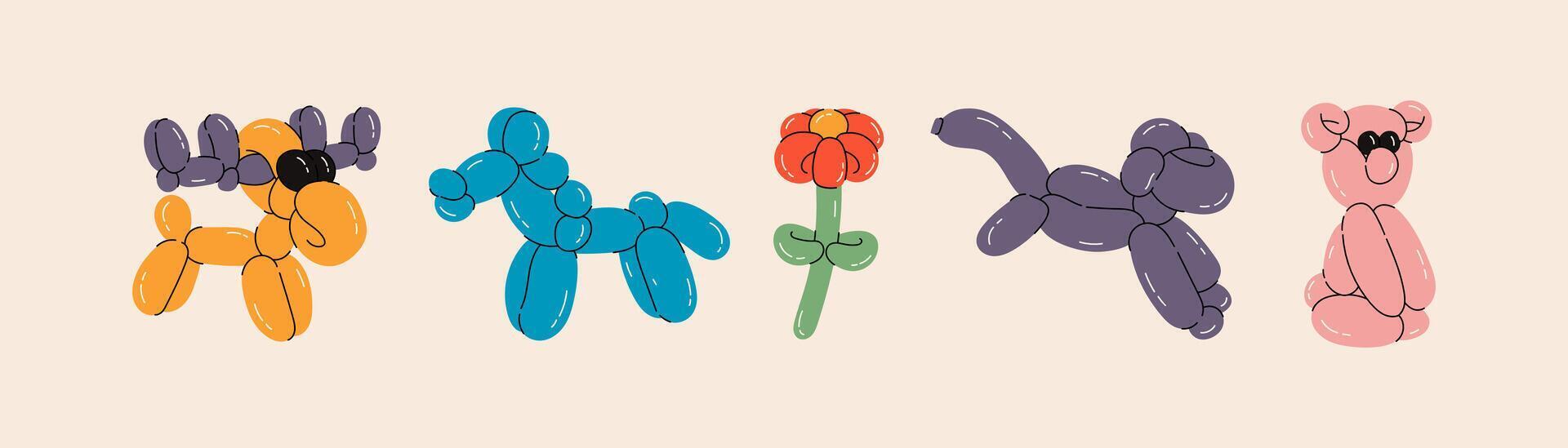 Set of balloon animals, elk, horse, flower, monkey, bear. Birthday celebration party. Fancy abstract characters isolated vector. Colorful drawing of inflatable toys made of twisted balloons vector