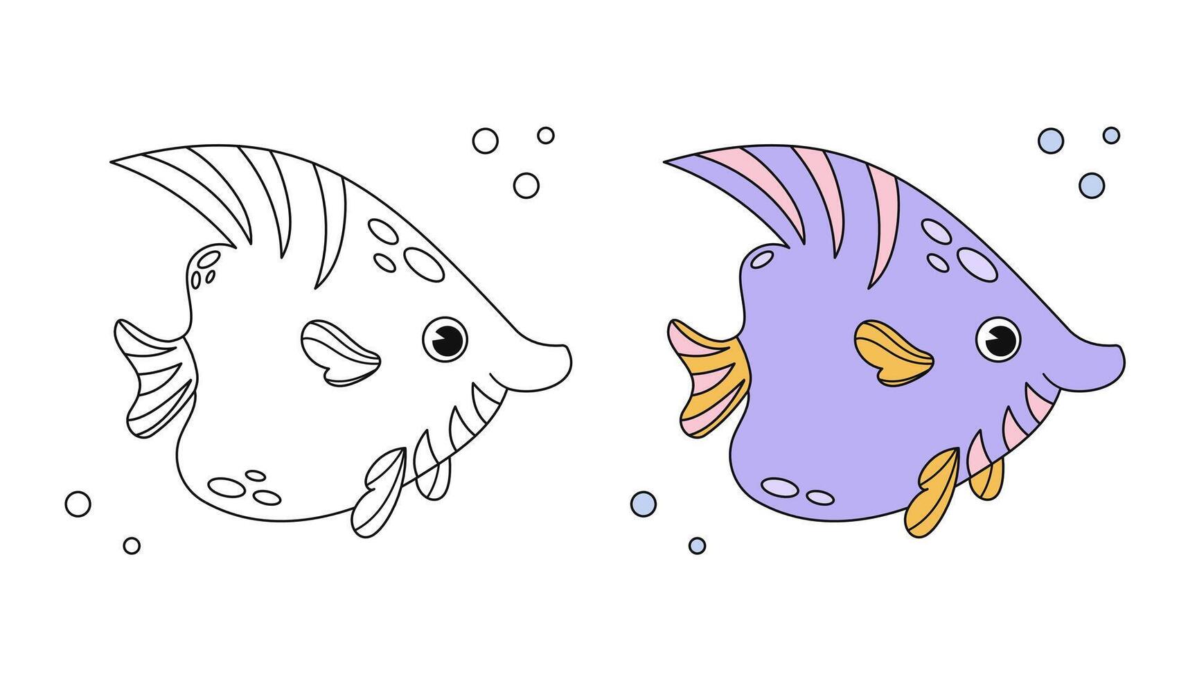 Cute fish cartoon coloring page illustration vector. For kids coloring book. Monochrome and color version. Vector childrens illustration