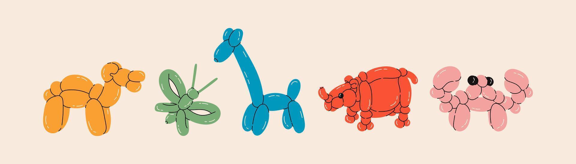 Set of balloon animals, Camel, Butterfly, Giraffe, Rhino, Crab. Birthday celebration party. Fancy abstract characters isolated vector. Colorful drawing of inflatable toys made of twisted balloons vector