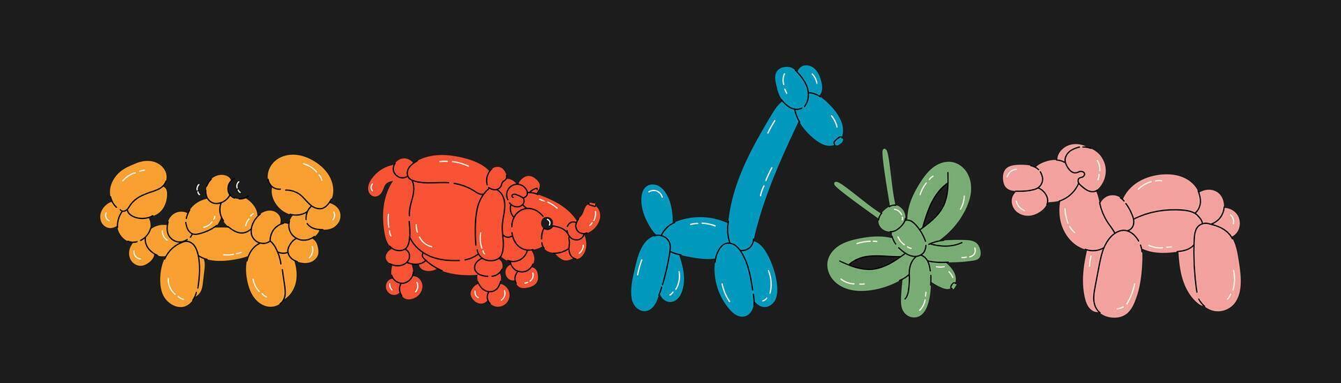 Set of balloon animals, crab, rhinoceros, giraffe, butterfly, camel. Birthday celebration party. Fancy abstract characters isolated vector. Colorful drawing of inflatable toys made of twisted balloons vector