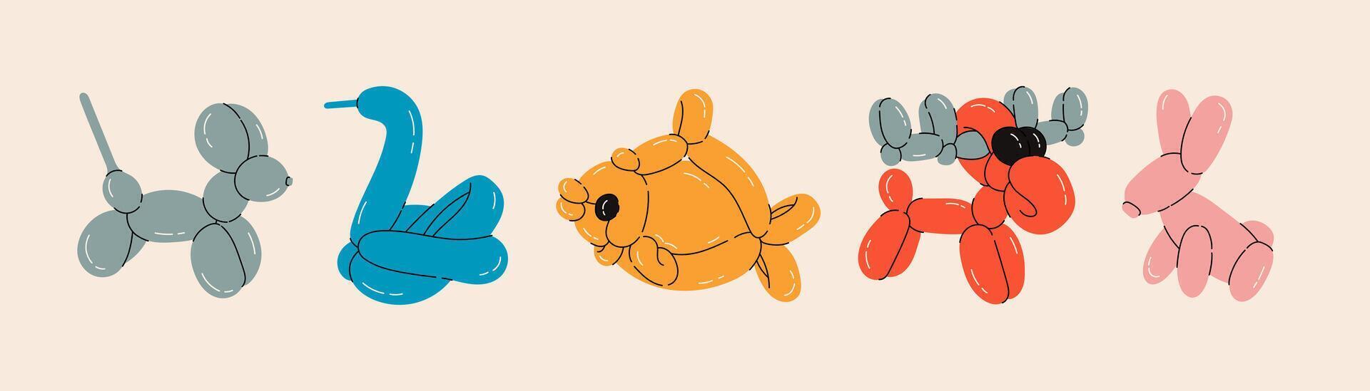 Set of balloon animals, dog, swan, fish, elk, rabbit. Birthday celebration party. Fancy abstract characters isolated vector. Colorful drawing of inflatable toys made of twisted balloons vector