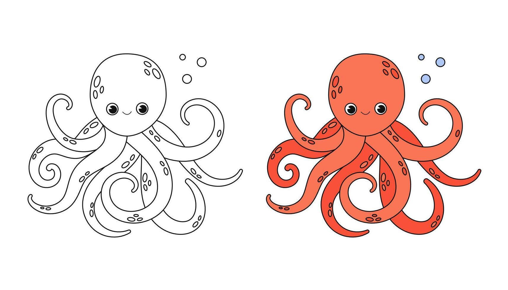 Coloring book octopus for kids. Cheerful character. Vector illustration. Cute cartoon style. Fantasy page for children. Black contour silhouette. Isolated on white background.