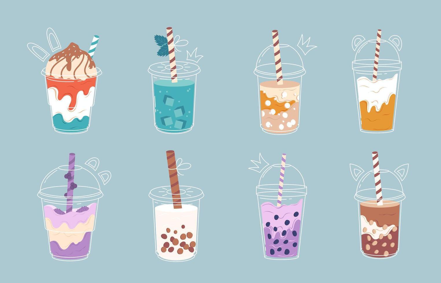 burbuja Leche té colocar. Leche té con tapioca perlas boba té. asiático taiwanés beber. mano dibujado de colores de moda vector valores ilustración.