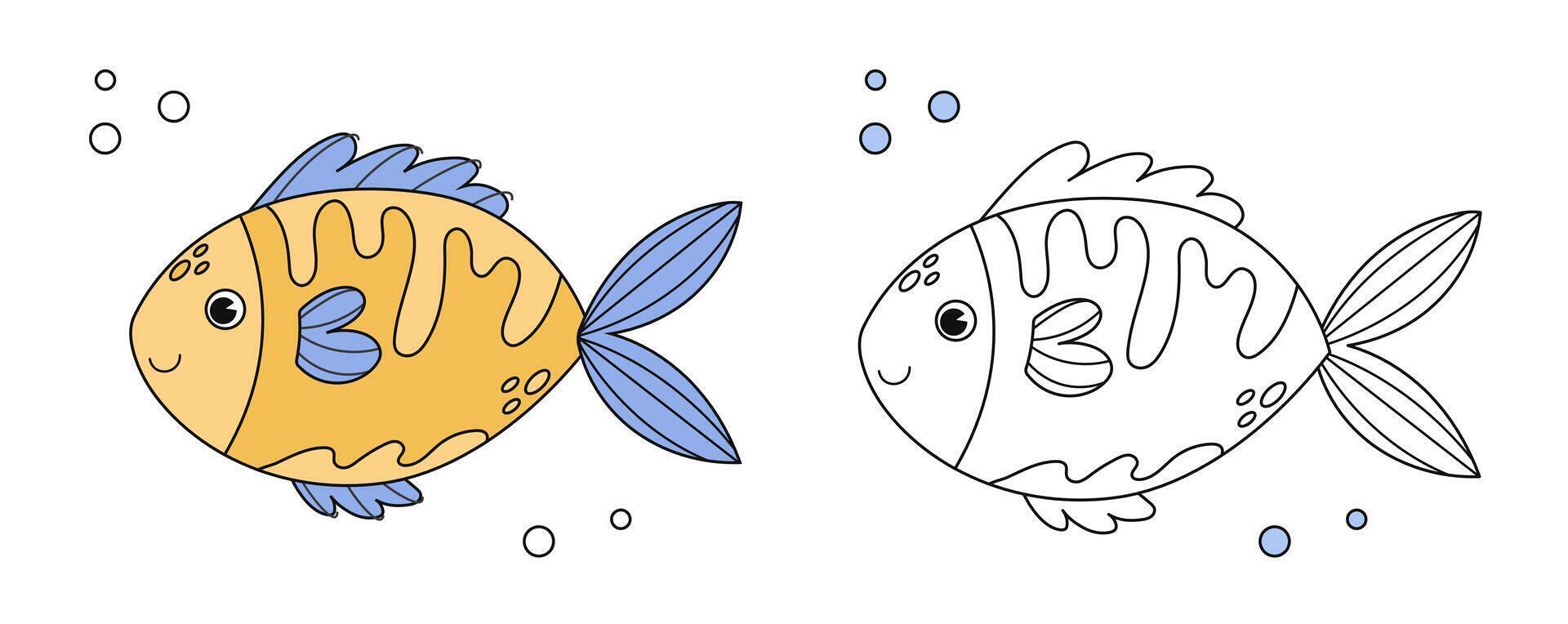 Goldfish coloring book with coloring example for kids. Coloring page with fish. Monochrome and color version. Vector childrens illustration