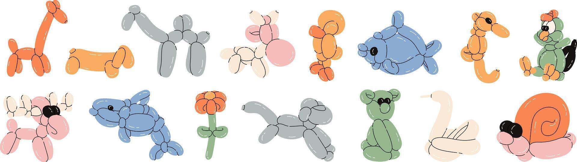 Various balloon animals collection. Festive set of inflatable dog, giraffe, fish, swan, flower, bear, monkey, rooster shapes. Birthday celebration party. Fancy abstract characters isolated vector