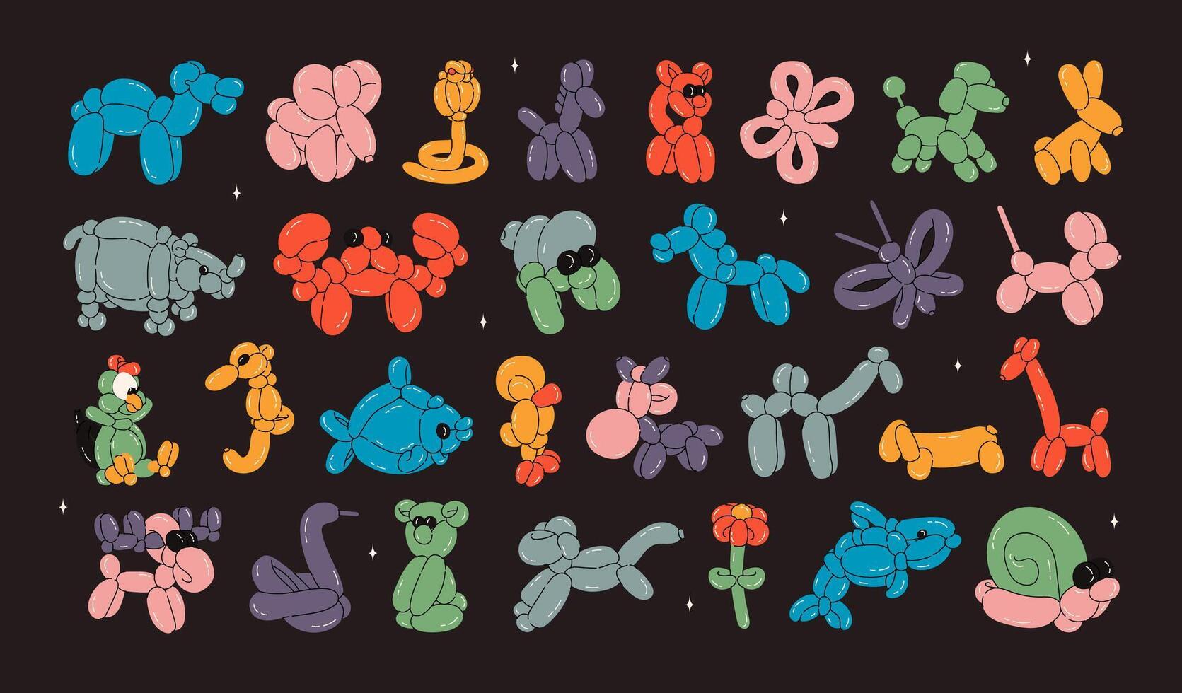 Various balloon animals collection. Festive set of inflatable dog, snake, swan, giraffe, butterfly, poodle, rabbit, flower shapes. Birthday celebration party. Fancy abstract characters isolated vector
