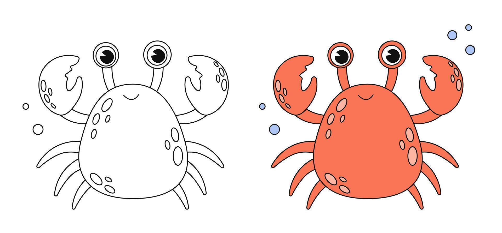 Cartoon crab coloring book page with colorful template. Cute crab colorig book. Underwater ocean life, marine animal. Funny crab isolated contour. Kids animals coloring book page. Vector stock grafics