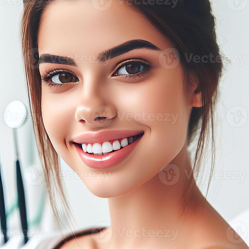 AI generated A Woman Smiling with Flawless Glowy Skin with Copy Space Isolated on the. White Background. AI generated photo