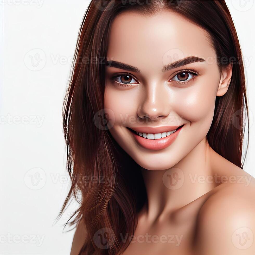 AI generated A Woman Smiling with Flawless Glowy Skin with Copy Space Isolated on the. White Background. AI generated photo