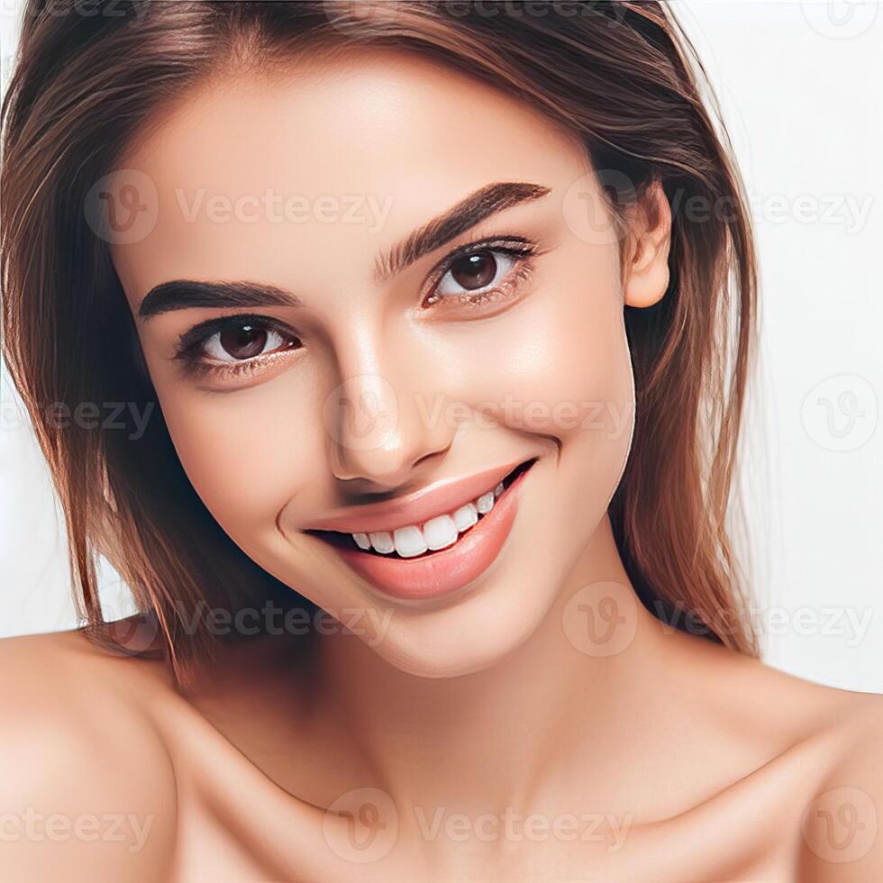 AI generated A Woman Smiling with Flawless Glowy Skin with Copy Space Isolated on the. White Background. AI generated photo