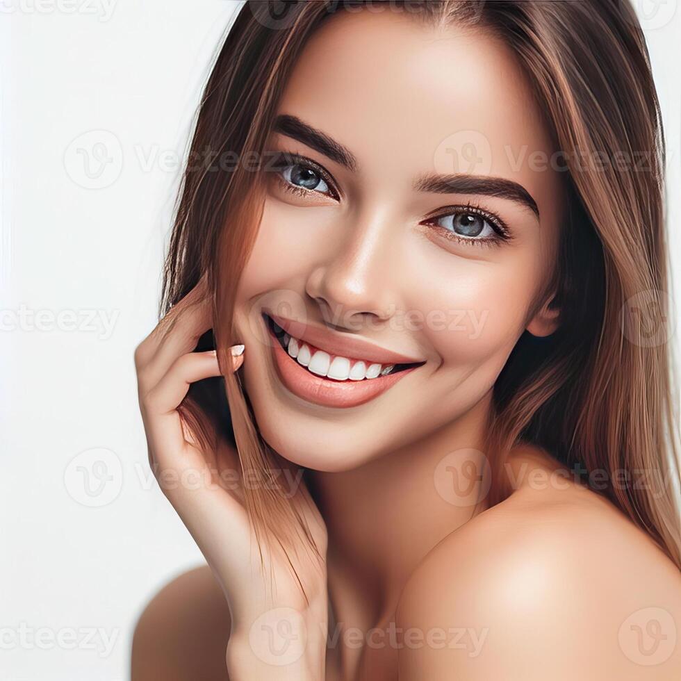 AI generated A Woman Smiling with Flawless Glowy Skin with Copy Space Isolated on the. White Background. AI generated photo