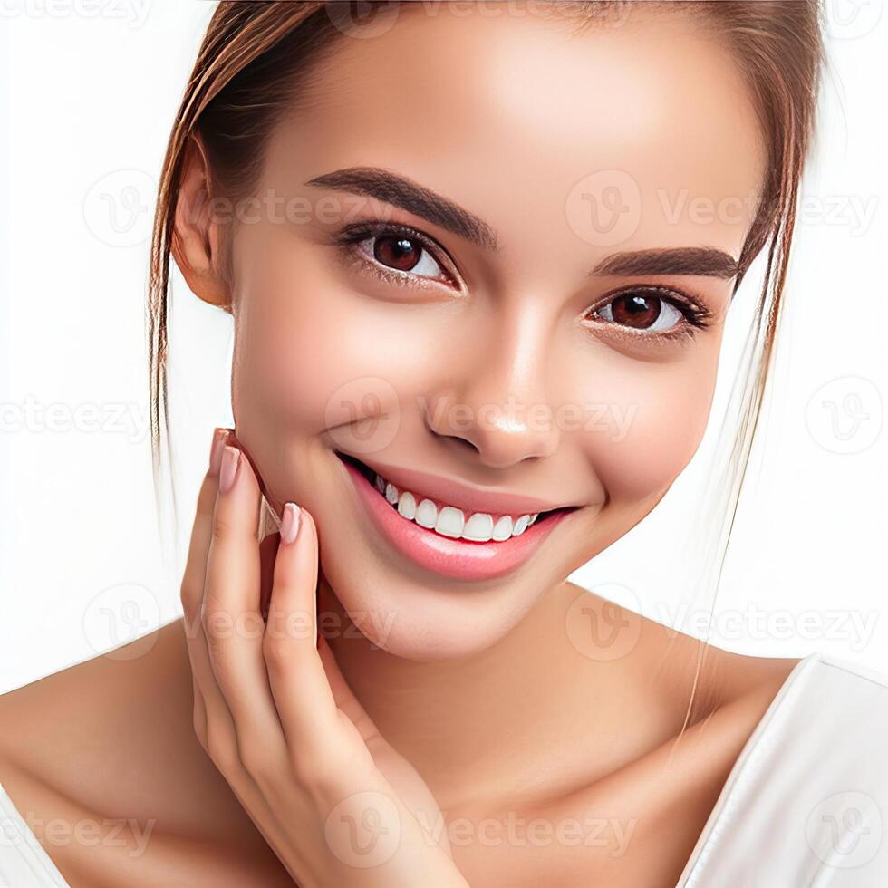 AI generated A Woman Smiling with Flawless Glowy Skin with Copy Space Isolated on the. White Background. AI generated photo