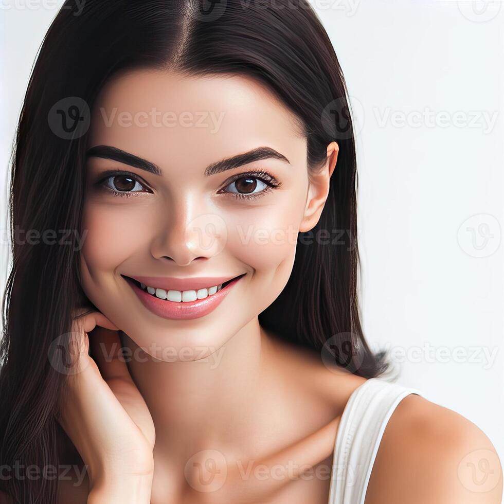 AI generated A Woman Smiling with Flawless Glowy Skin with Copy Space Isolated on the. White Background. AI generated photo