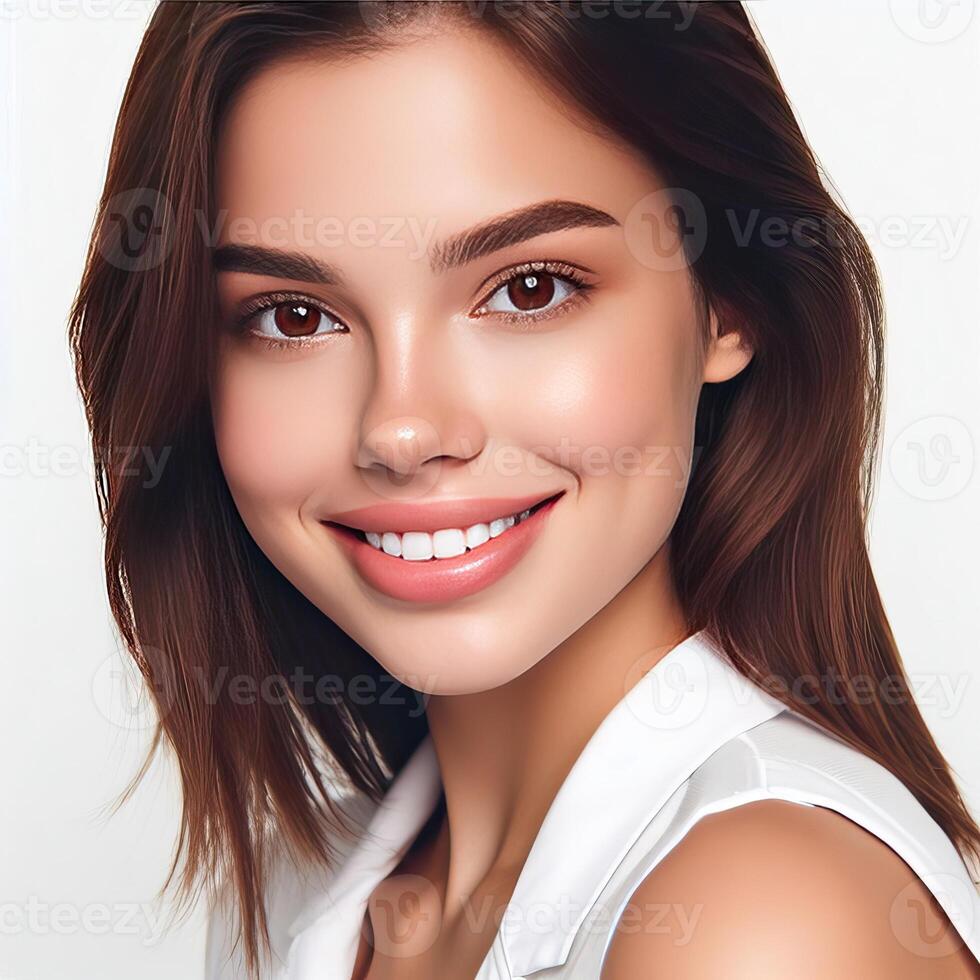 AI generated A Woman Smiling with Flawless Glowy Skin with Copy Space Isolated on the. White Background. AI generated photo