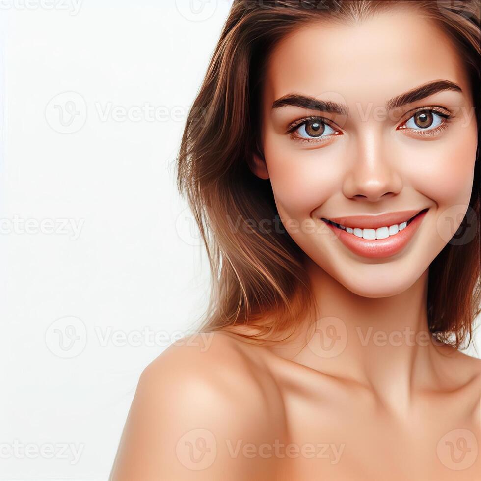 AI generated A Woman Smiling with Flawless Glowy Skin with Copy Space Isolated on the. White Background. AI generated photo