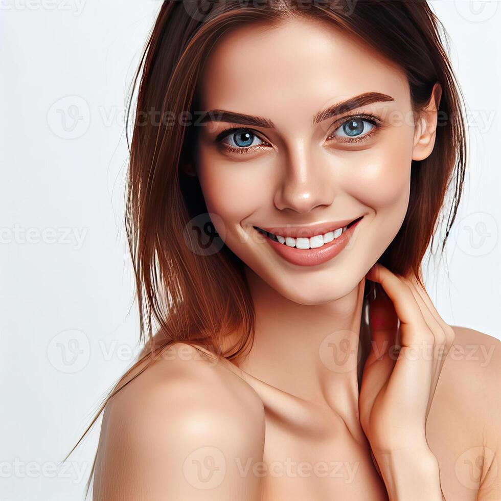 AI generated A Woman Smiling with Flawless Glowy Skin with Copy Space Isolated on the. White Background. AI generated photo