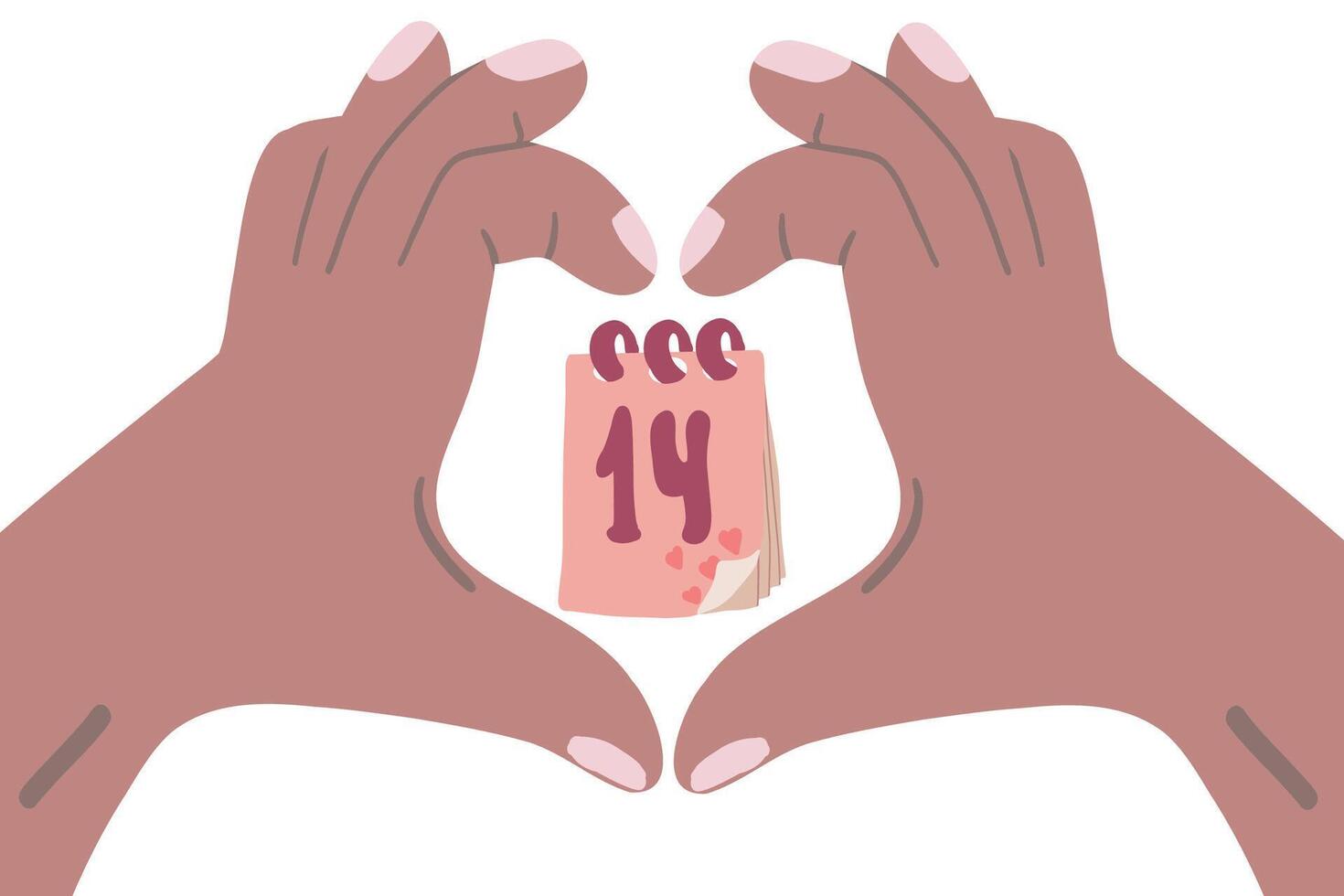 Dark skin hands with calendar 14 February flat design vector