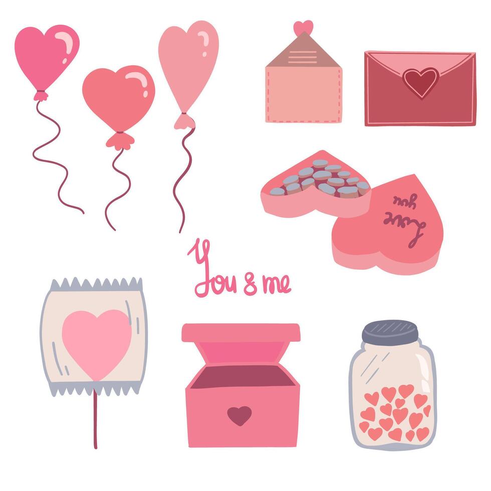 san valentin día plano diseño conjunto con globos letras y chocolates vector