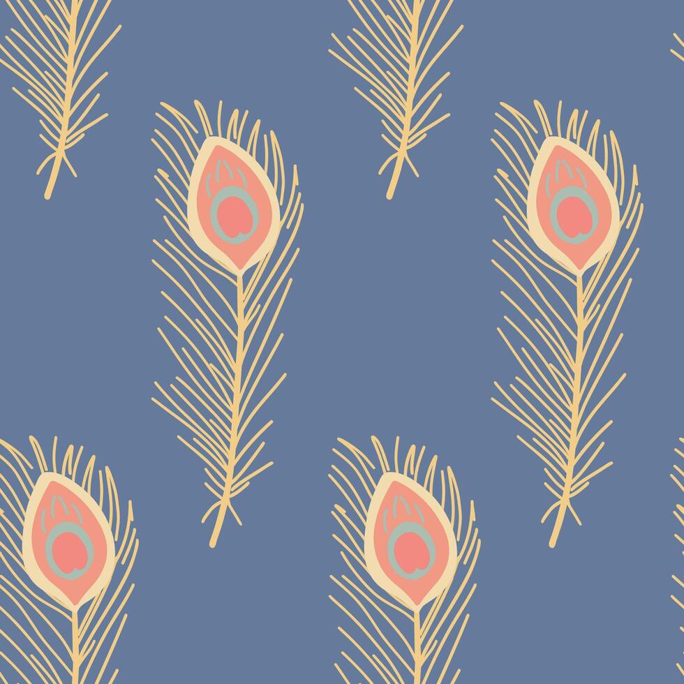 Peacock feather flat design seamless pattern blue background vector