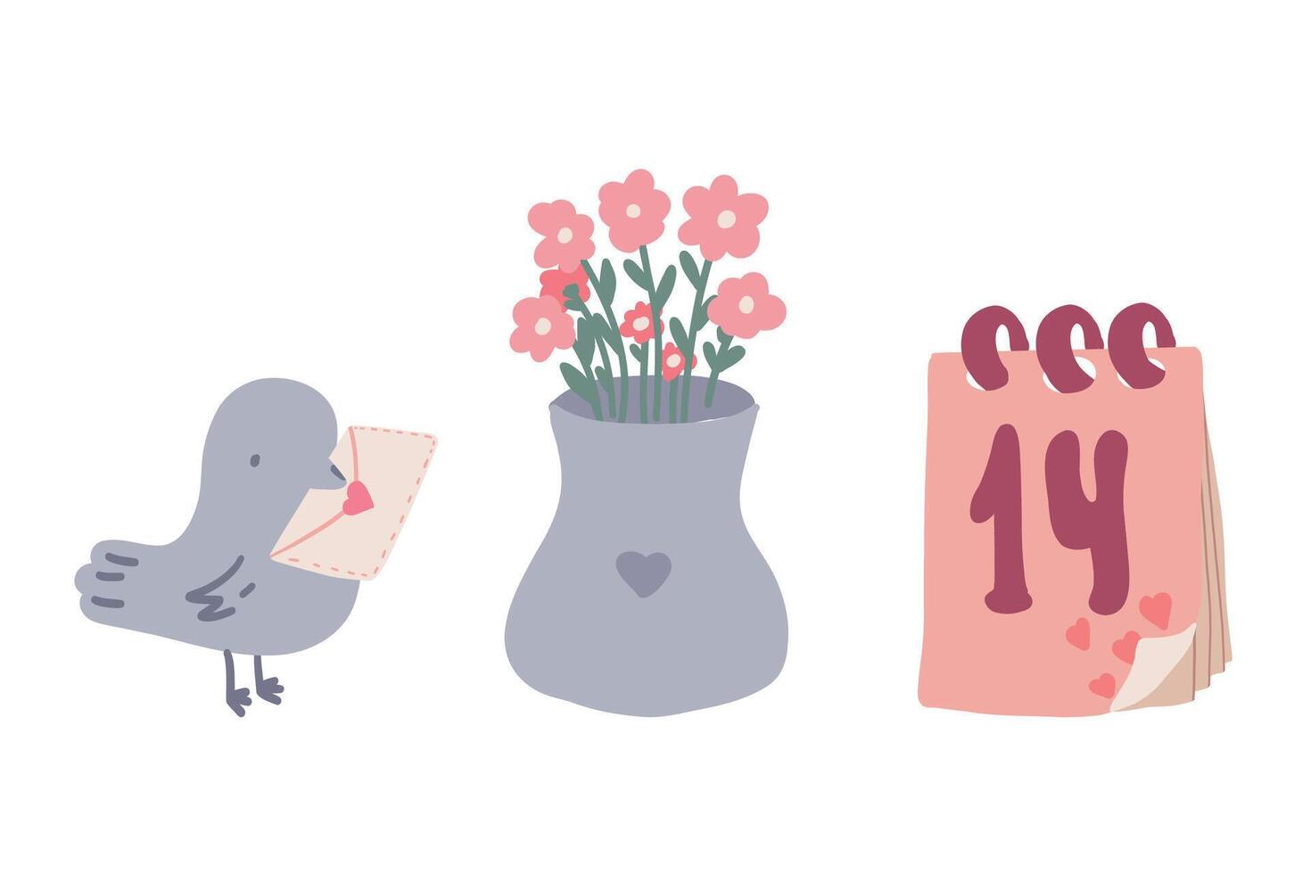 Bird Flowers and calendar flat design Valentines day 14 February vector